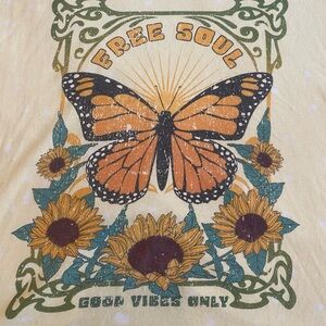 Yellow Graphic Tee with Butterfly and Sunflower Design